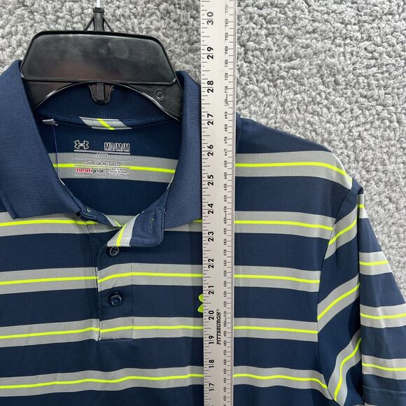 Men UA Under Armour Heatgear Short Sleeve Polo Shirt M Blue/Gray/Yellow Stripe - Picture 5 of 10